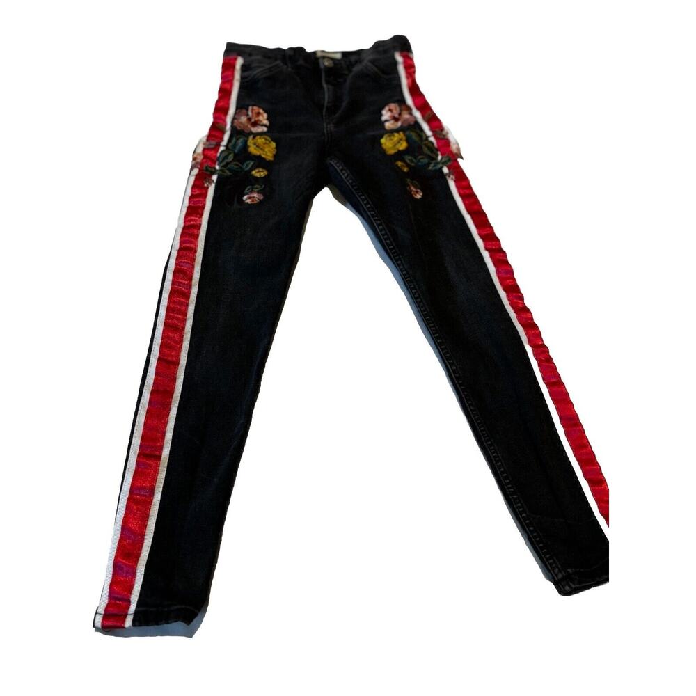 Topshop Black Jeans with Red & White Side Stripes and Floral Embroidery
